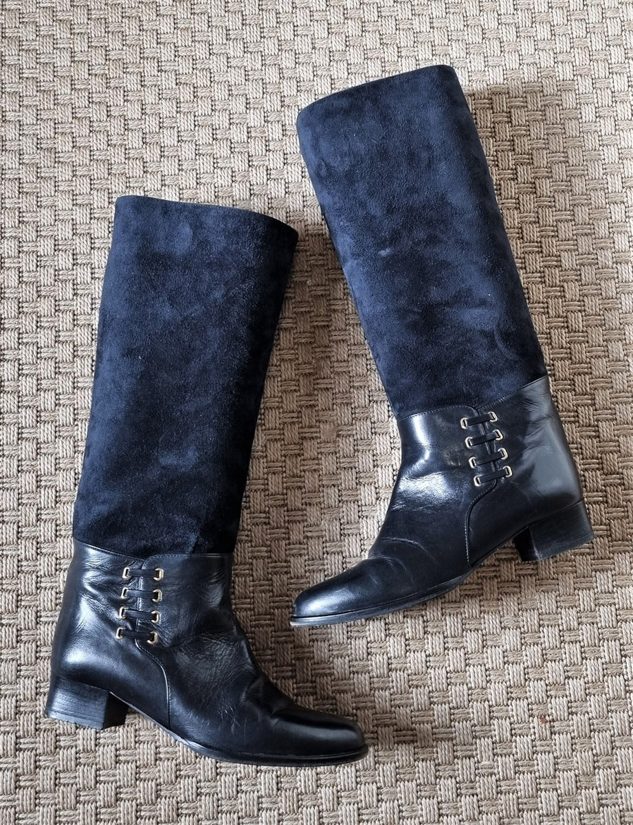 Navy leather knee sale high boots uk