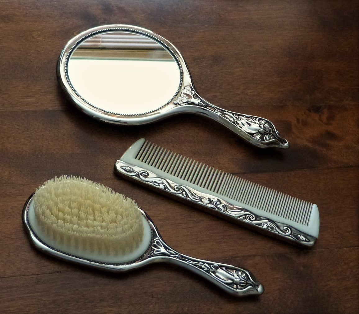 silver plated dressing table set Vintage Silver Plate Vanity Dresser Set Matching Hand Mirror Brush Comb  Tray Raised Relief Scroll Floral Design Victorian Style Home Decor