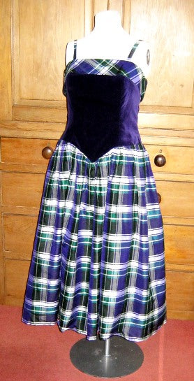 80s Marion Donaldson purple velvet and plaid prom party dress