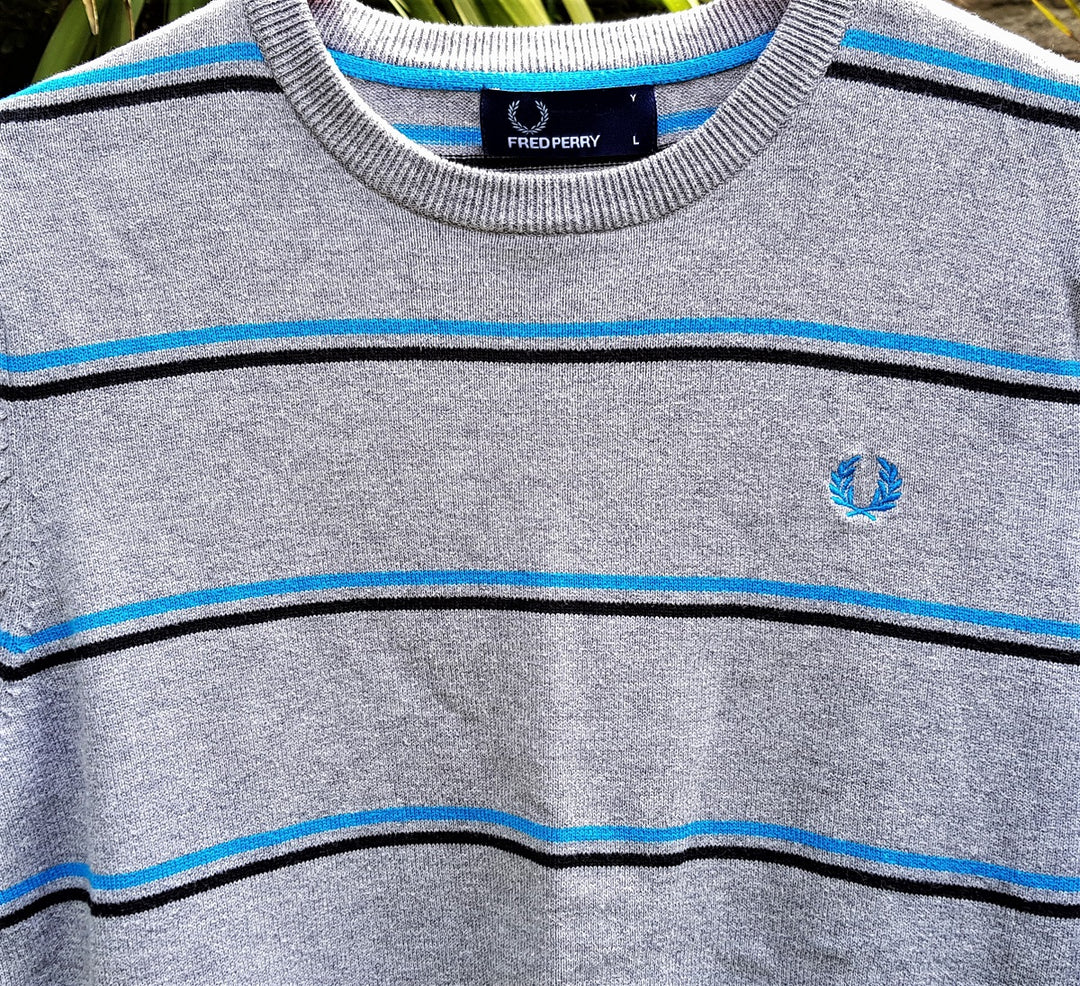 Fred Perry grey striped cotton jumper The Frockery