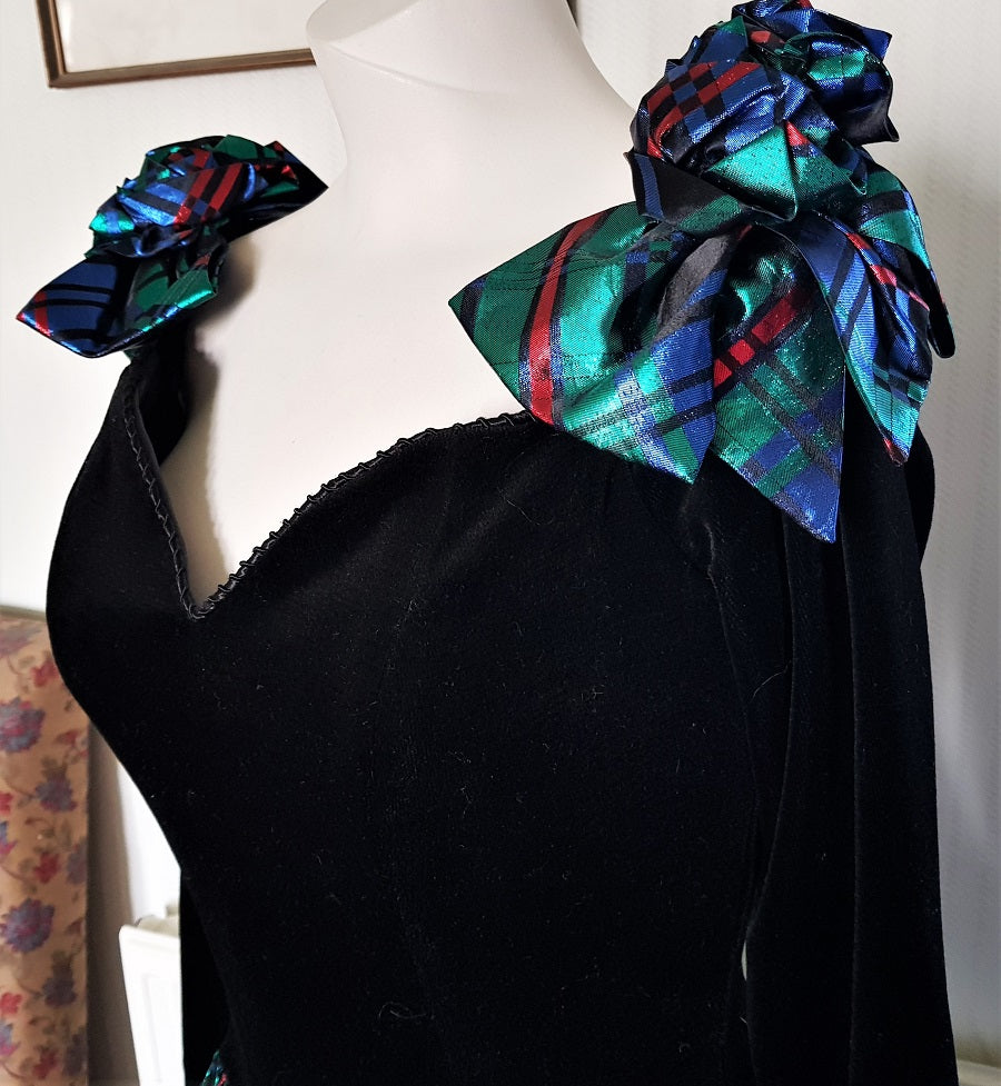 80s John Charles black velvet and metallic party prom dress