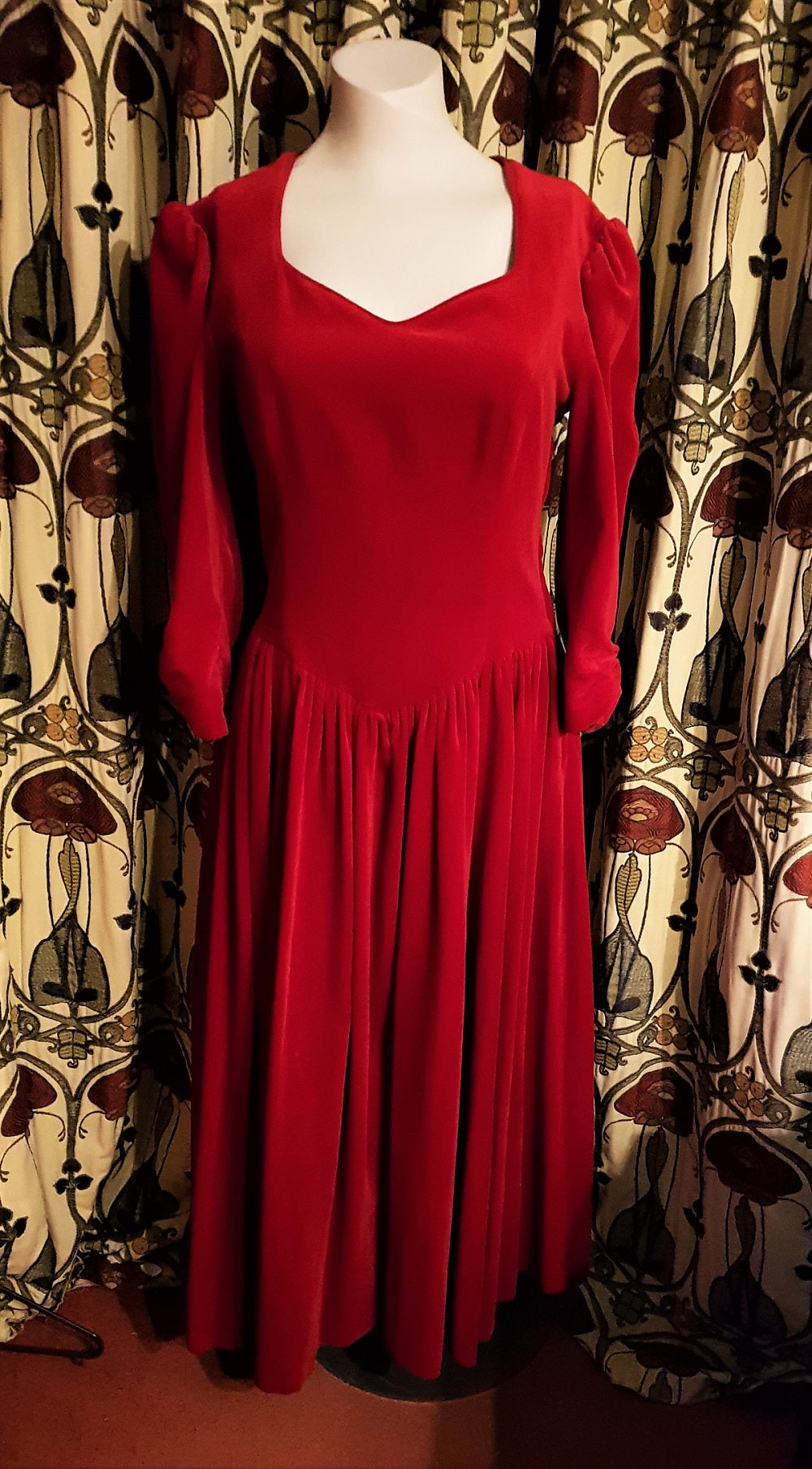 laura ashley red velvet dress 1980s LAURA ASHLEY Red & Purple Velvet Party Dress - Striped, Belted, Puffy Shoulders, Midi Length - Vintage Size 12, Medium to Large