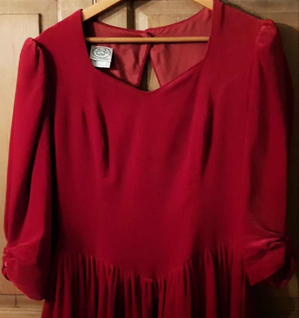 open lace back dress Laura Ashley vintage red velvet occasion dress