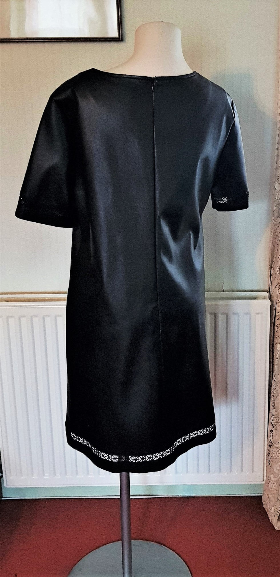 dress code festive cocktail Black Faux Leather Scallop Detail Short Ruffle Sleeve Dress – SSYS main image 0
