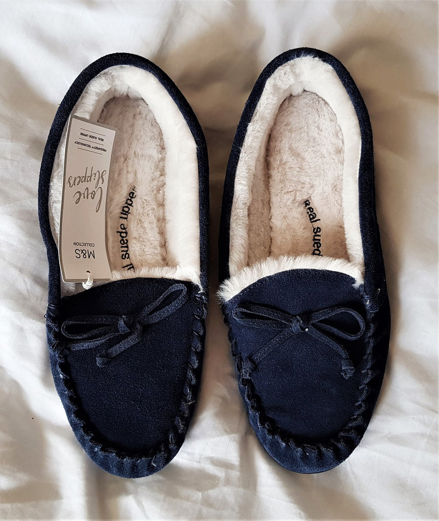 M&S navy suede moccasin slippers (new)