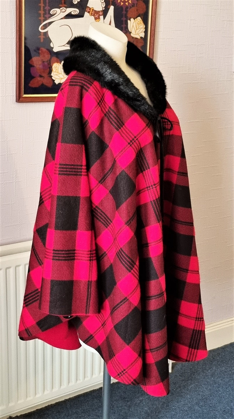 Red tartan poncho cape with faux fur collar The Frockery