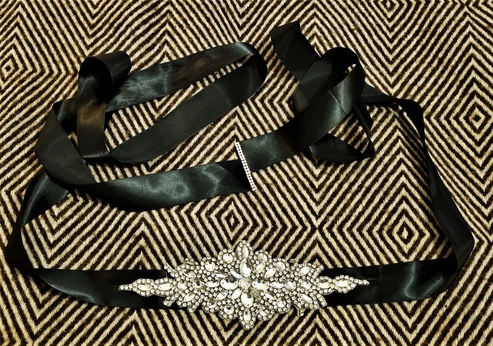 Black satin sash belt with rhinestones – The Frockery