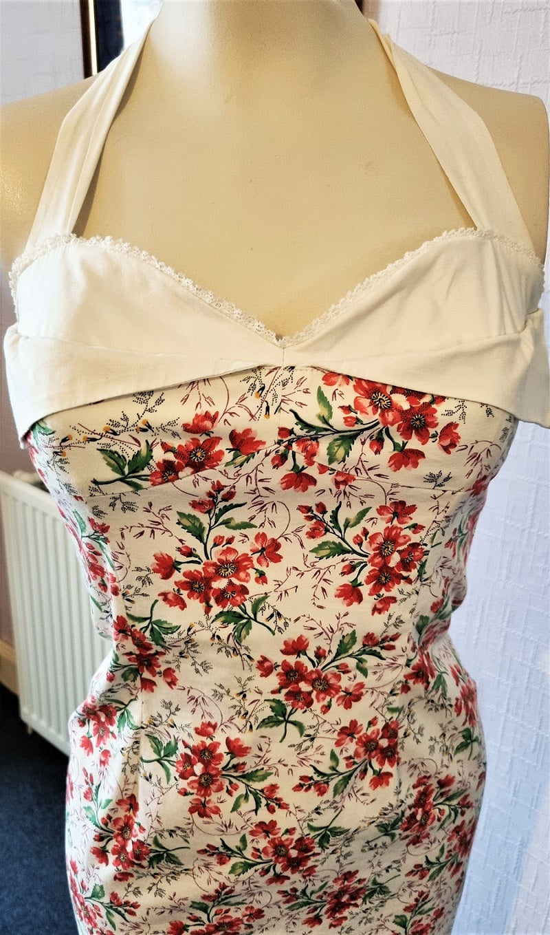 Kookai cream floral halter pin-up wiggle dress  The Frockery