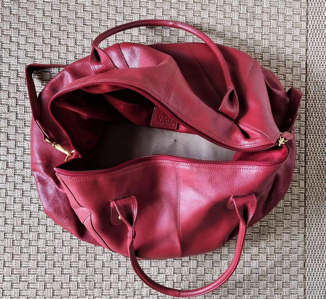 Tommy Kate deep red leather holdall travel weekend bag The Frockery