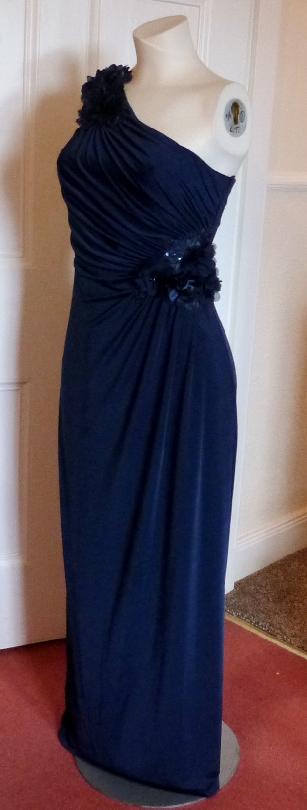 Jane Norman navy one shoulder evening dress with corsage – The Frockery