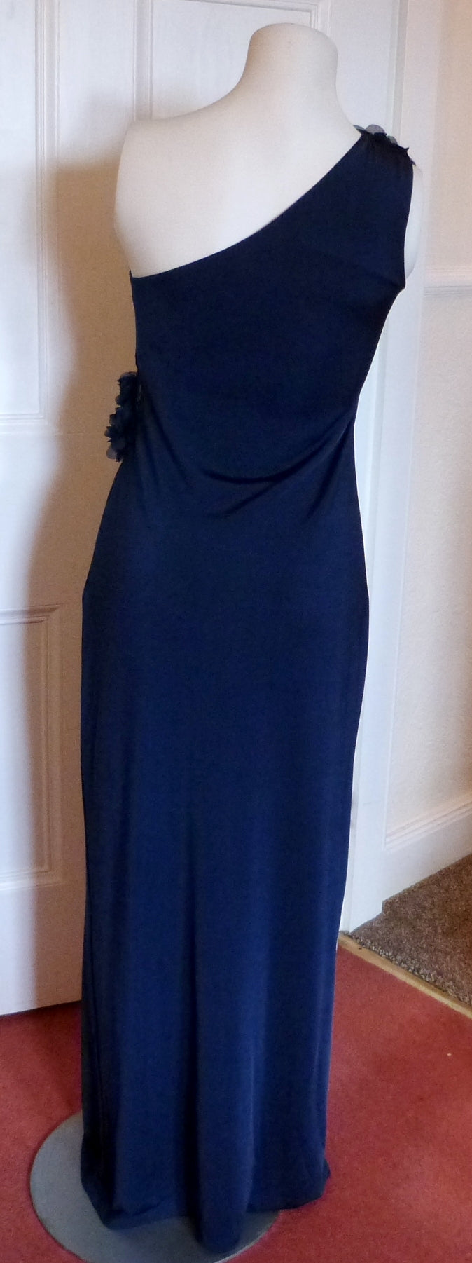 strapless open back dress Jane Norman navy one shoulder evening dress with corsage – The Frockery