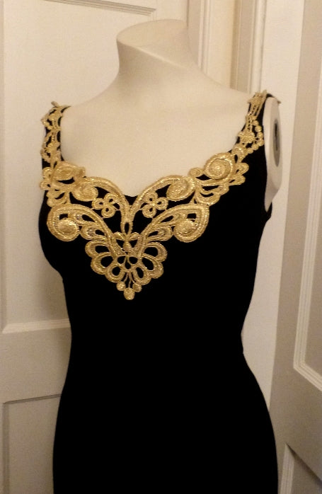 Vintage black evening dress with gold braid trim