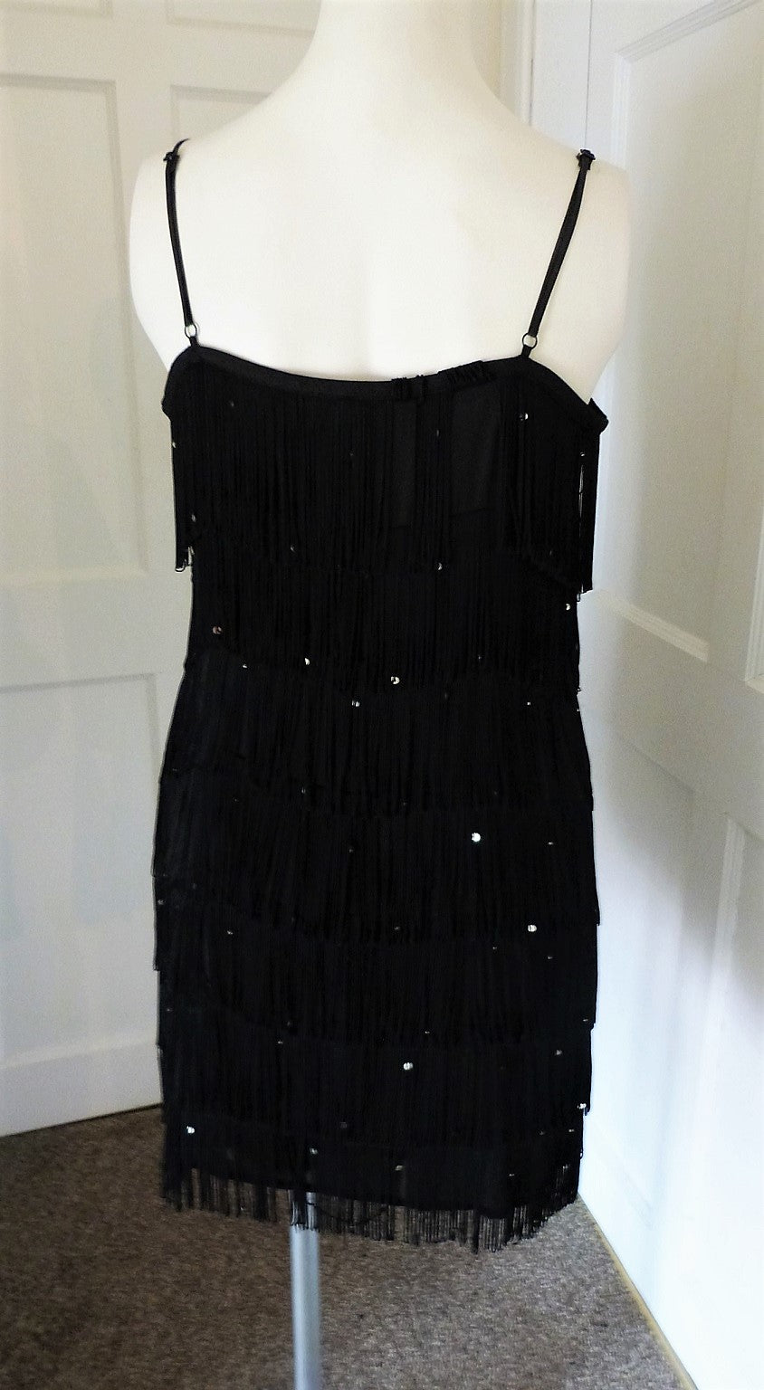 Black fringed spaghetti strap dress best sale