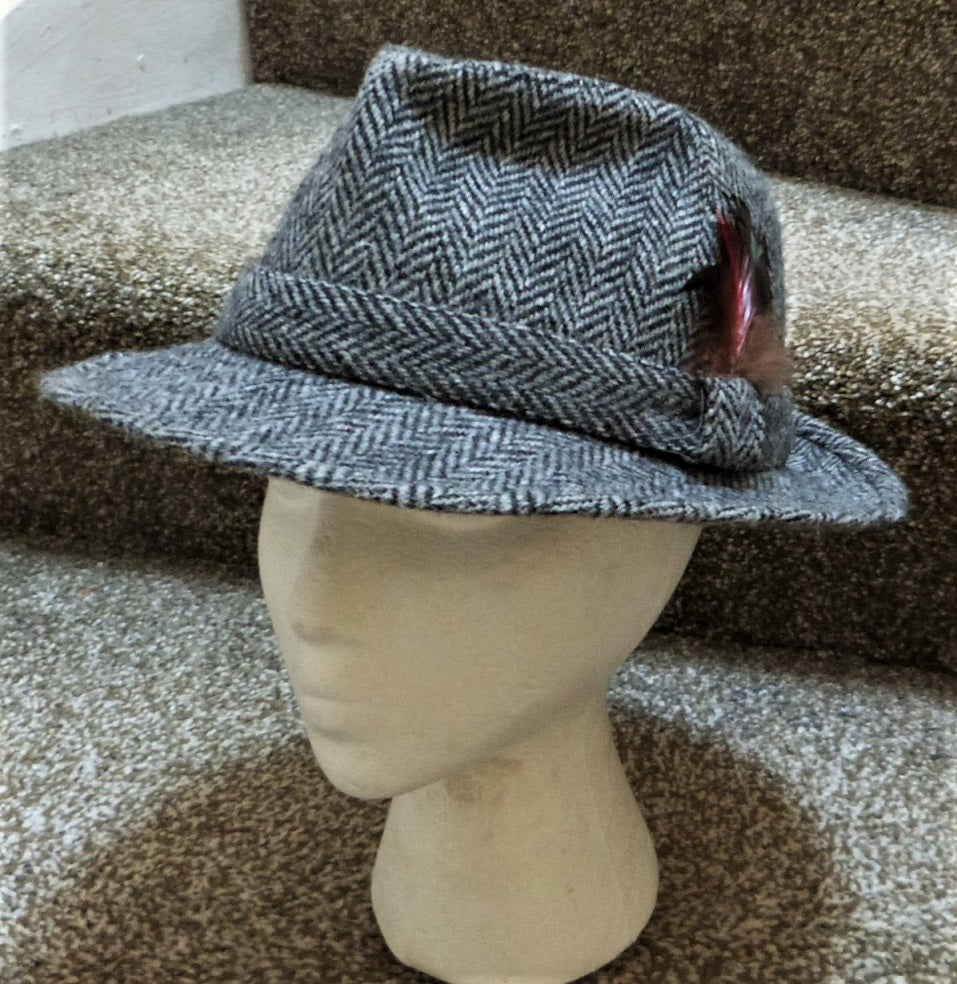 SOLD: Harris tweed grey herringbone trilby hat - Main Image