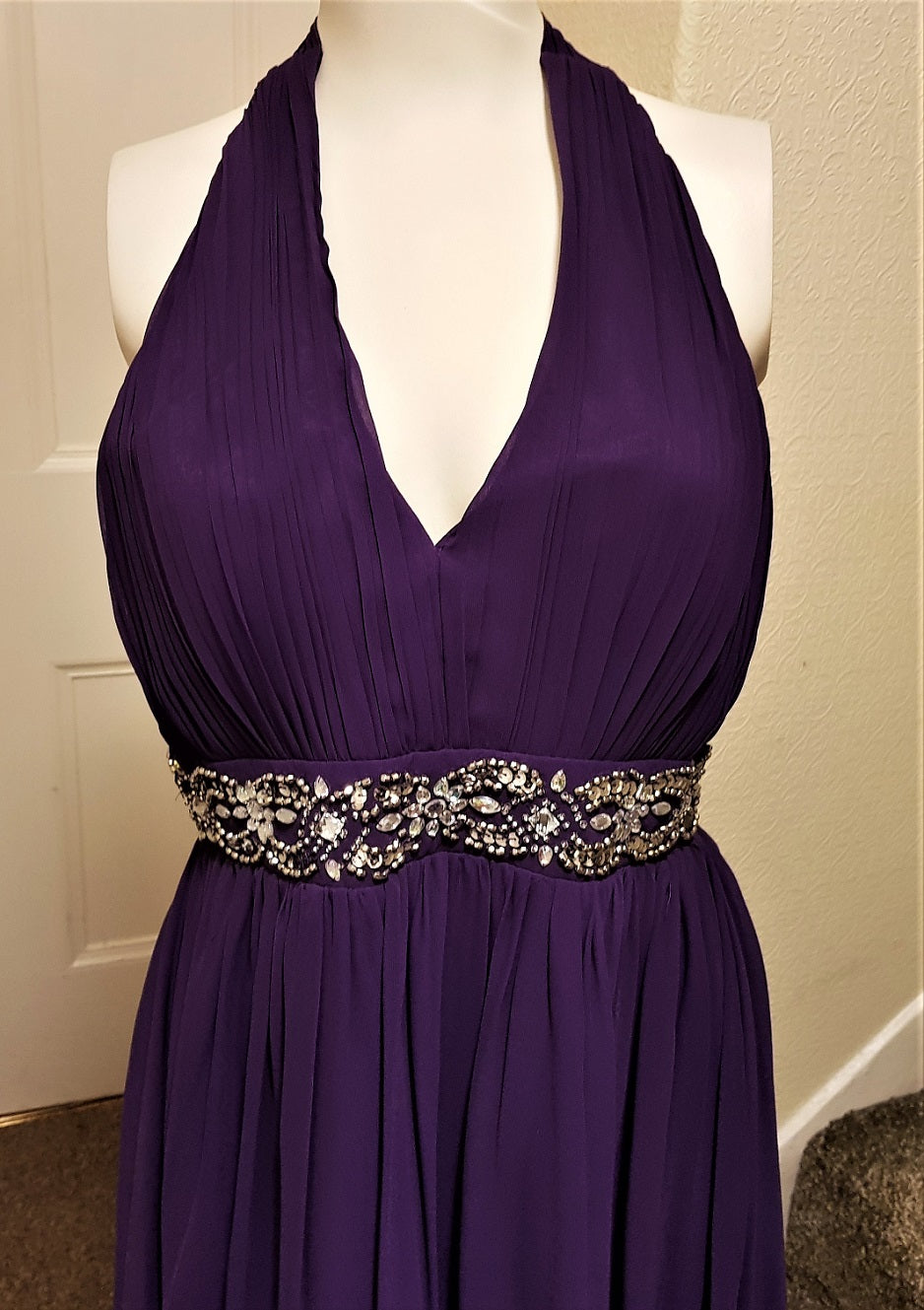 Quiz purple embellished halter neck party dress – The Frockery