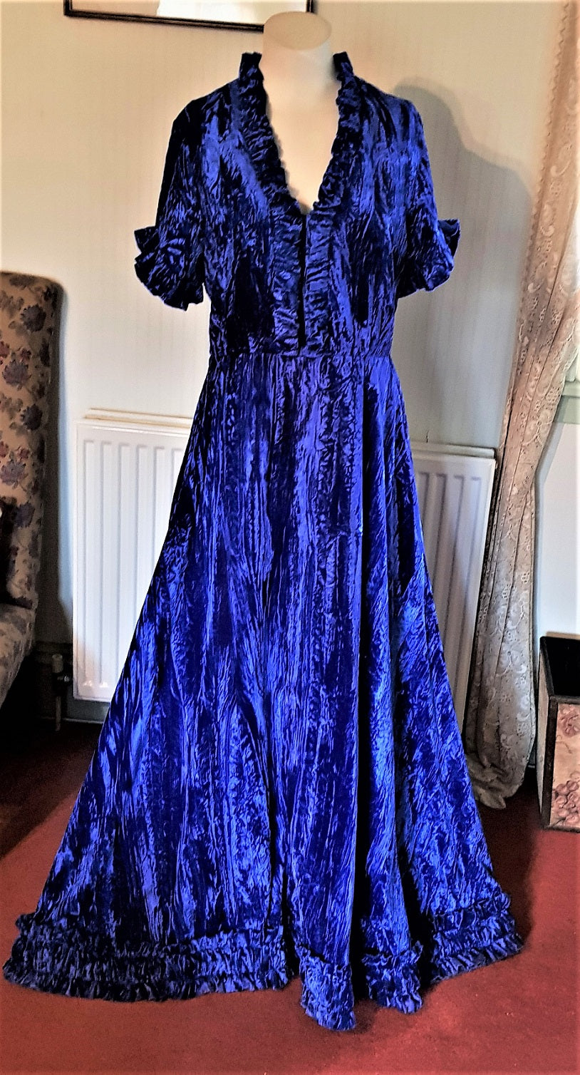 70s vintage blue crushed velvet evening gown