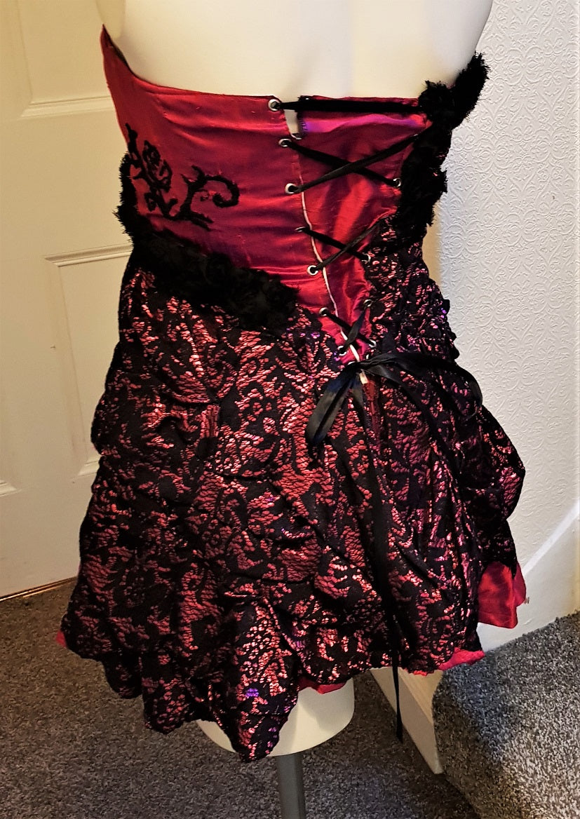 Pink silk and black lace burlesque costume