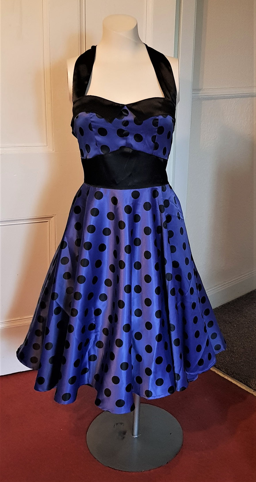 Hell Bunny Vera purple spotted rockabilly halter dress The Frockery