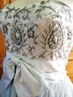 open lace back dress Warehouse Spotlight 50s inspired pale blue ballerina style prom dress with  beaded bodice and front bow – The Frockery