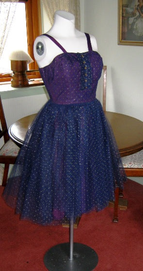 REDUCED: 50s vintage John Selby purple navy and gold ballerina prom dress