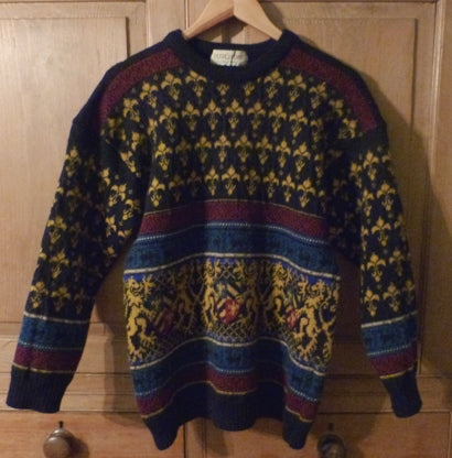 Vintage Fleur De Lis Patterned Patchwork store Wool Knit Sweater